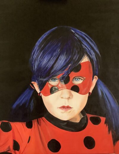 Oil painting of a girl dressed as Ladybug