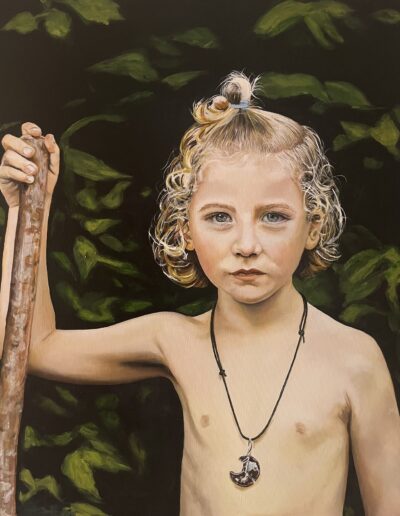 Oil painting of a boy in a woodland, holding an old stick